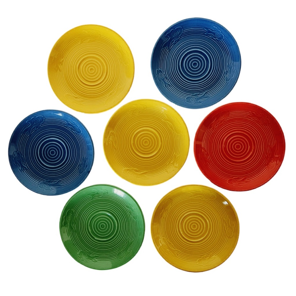 7 Vintage Buffalo China‎ Saucers Colorful Fish Swimming Motif